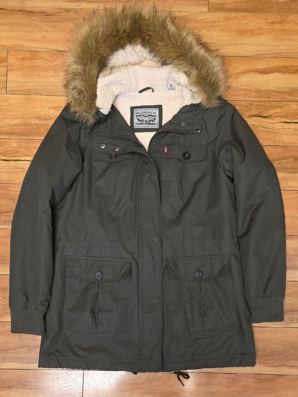 Levi’s Sherpa Lined Hooded Parka Utility Jacket Faux Fur Trim Olive Green Sz Med